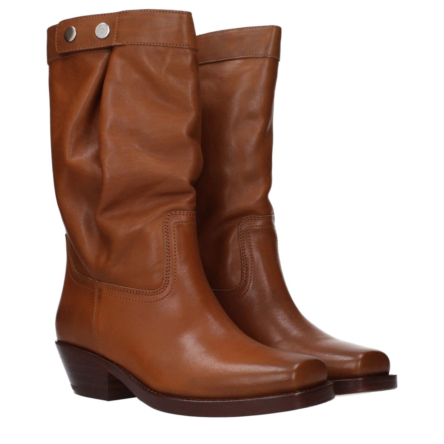 Isabel Marant Brown Leather Ankle Boots with vintage and aged effect, casual style, mid heels, square toe, button closure.