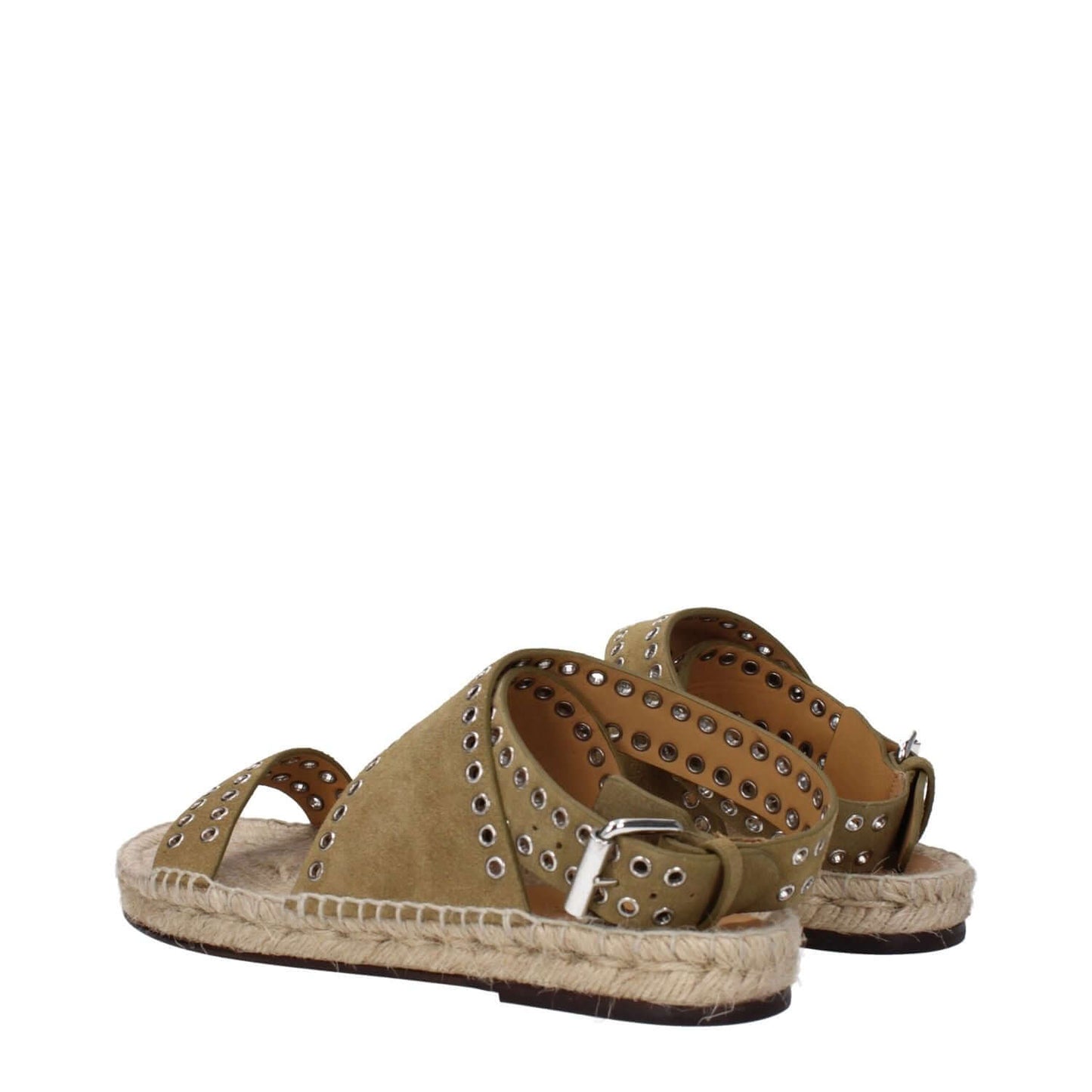 Isabel Marant Green Leather Sandals with studs, open toe, buckle closure, leather sole, silver details, low flat heel, suede, turtledove color.