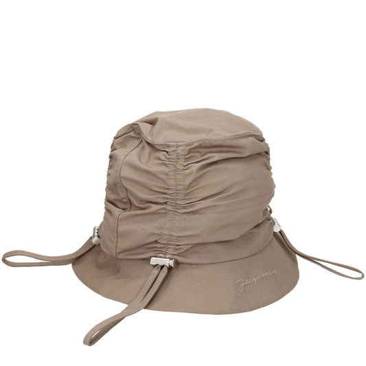 Jacquemus Beige Cotton Bucket Hat with front logo, 75% cotton 25% polyamide blend. Casual style, silver color details, MPN 235AC4705047150.