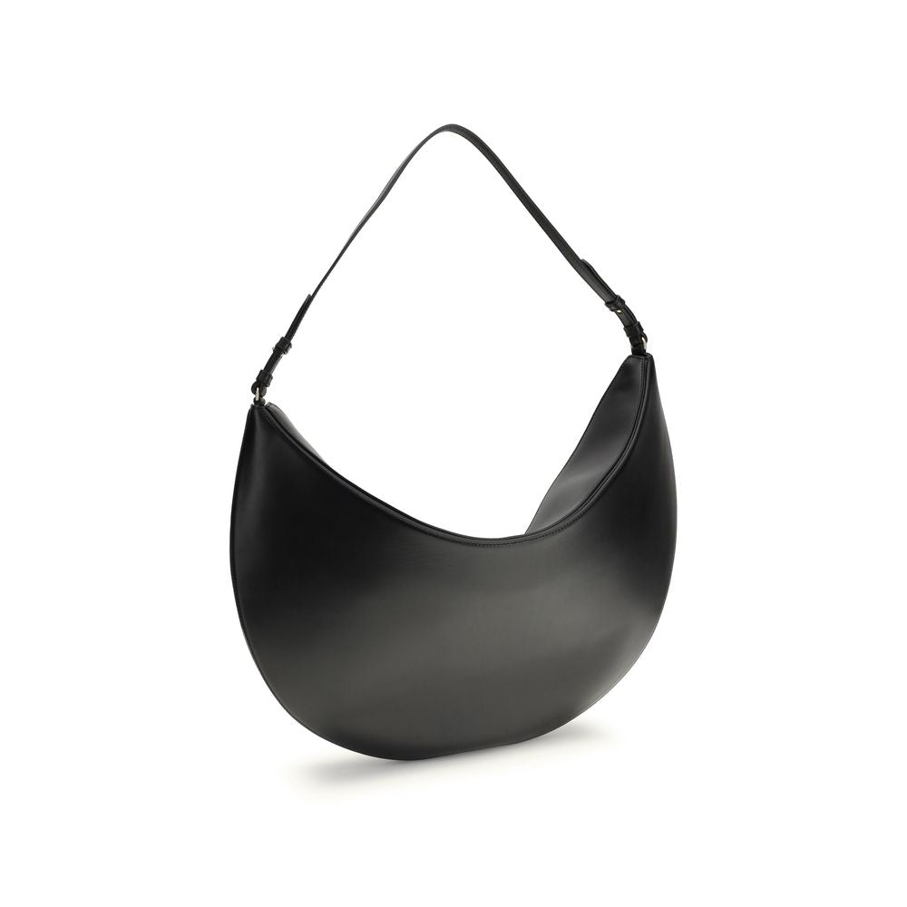 Jacquemus Black Calf Leather Bos Taurus Shoulder Bag with slim strap and snap closure, featuring embossed logo and cotton-lined interior.