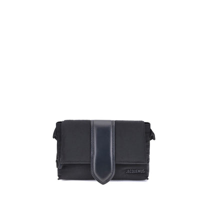Jacquemus Black Nylon Handbag with leather handle and magnetic flap, showcasing modern messenger style.