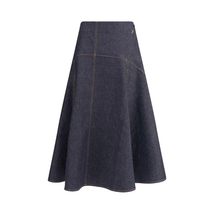 Jacquemus Blue Cotton Midi Skirt with contrast stitching, flair design, 'J' embroidery, and side zipper closure.
