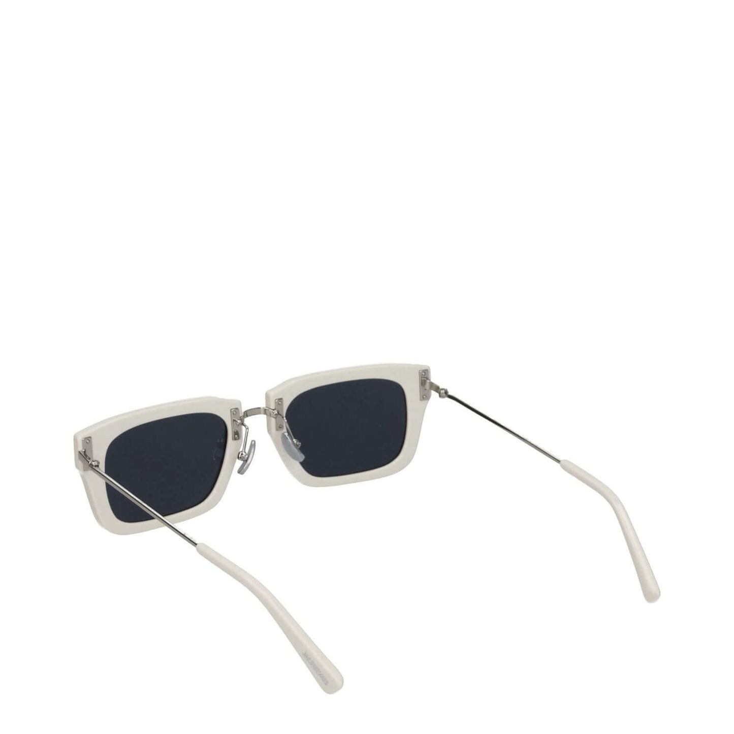 Jacquemus White Acetate Sunglasses with square frame and silver arm details, shown in side view, dark lenses included.
