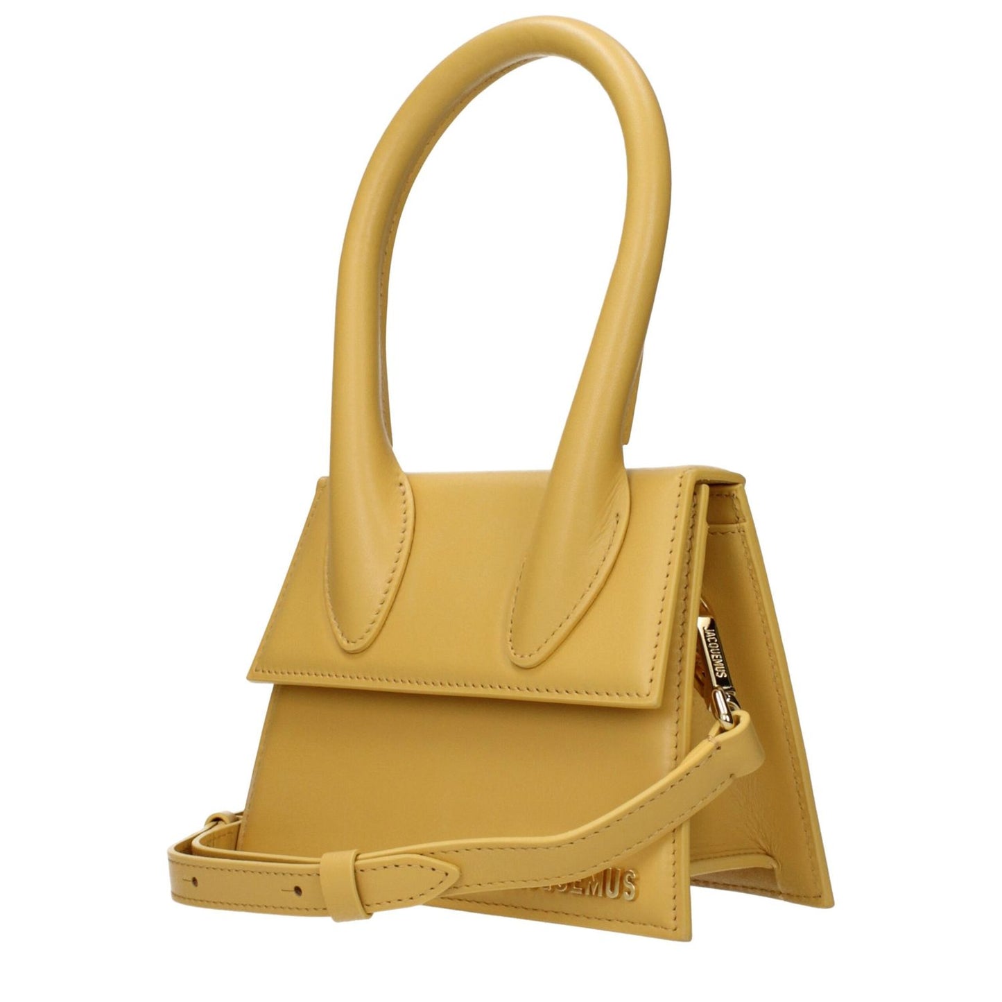 Jacquemus Yellow Leather Handbag with adjustable shoulder strap and front logo, medium-sized casual style with button closure.