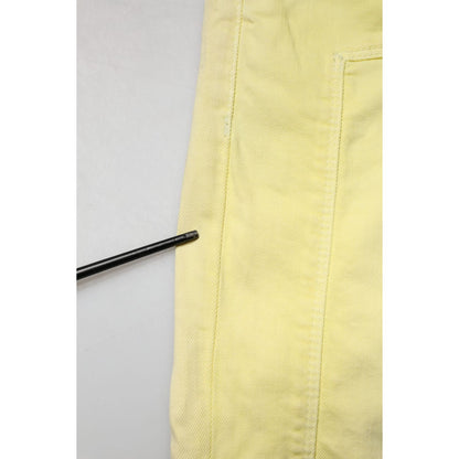 Close-up of Jeckerson Yellow Mid Waist Straight Fit Men Denim Trouser Jeans showcasing fabric texture and stitching.