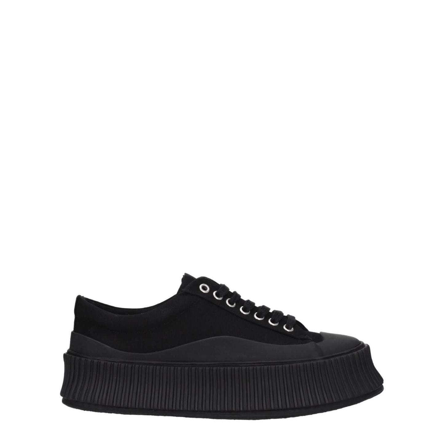 Jil Sander Black Fabric Chunky Sneakers with lace-up closure, featuring a rubber sole and square toe wedge design.