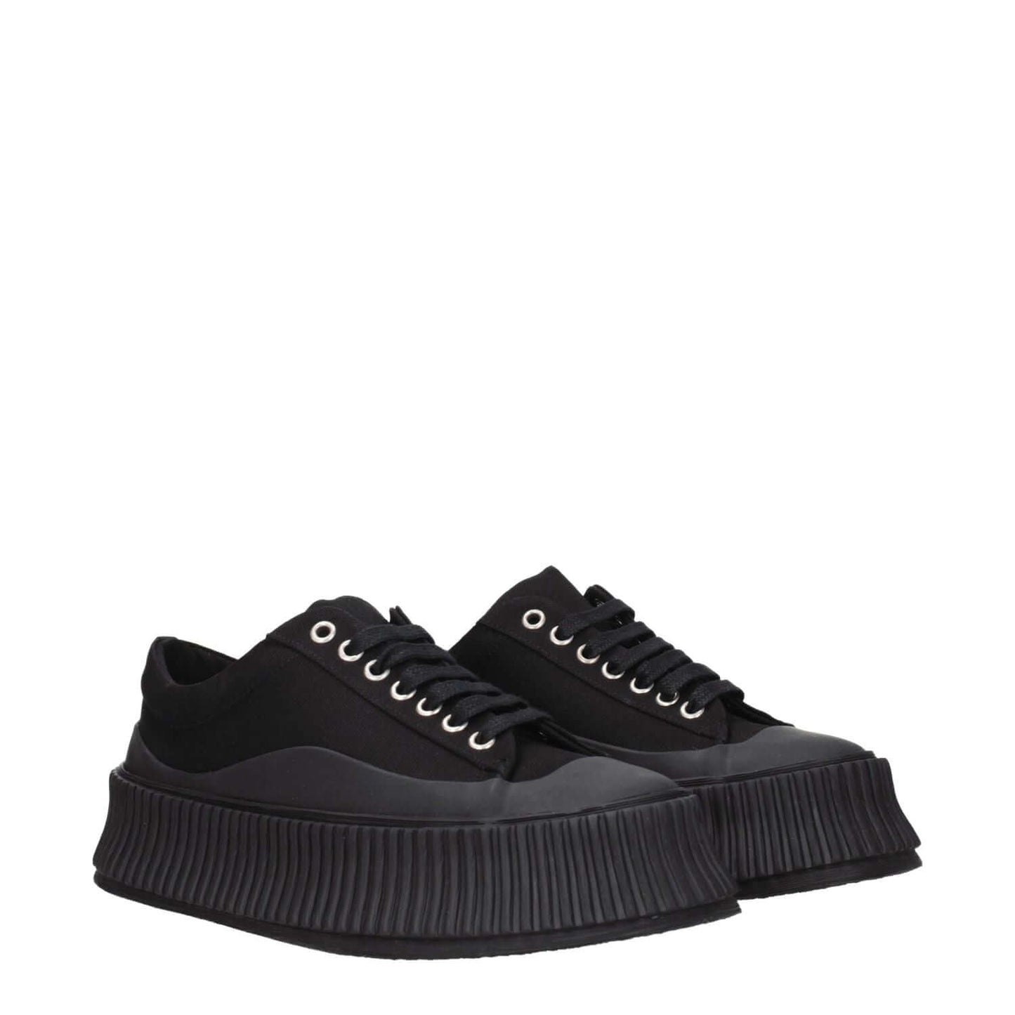 Jil Sander Black Fabric Chunky Sneakers with lace-up closure and rubber wedge sole, featuring square toe design.