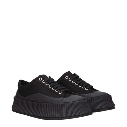 Jil Sander Black Fabric Chunky Sneakers with lace-up closure and rubber wedge sole, featuring square toe design.