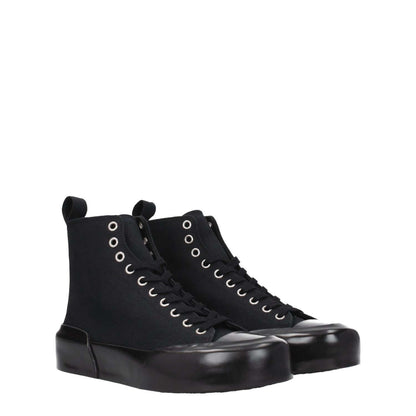 Jil Sander Black Fabric High Top Sneakers with lace-up closure, rubber sole, and mid heels showcasing round toe design.