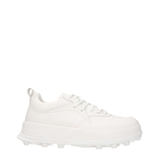 Jil Sander White Leather Sneakers with round toe and lace-up closure, featuring side logo and rubber sole, mid heel sporty glam style.