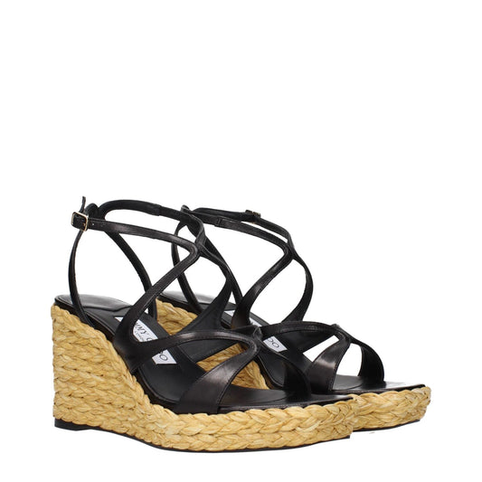 Jimmy Choo Black Leather Wedges Sandals JI-15268557029641-EU37/US7