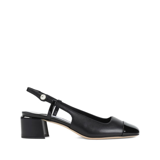 Jimmy Choo Elisa Sling Back 45 Patent and Nappa Leather Pumps with black slingback, pearl button, and low block heel