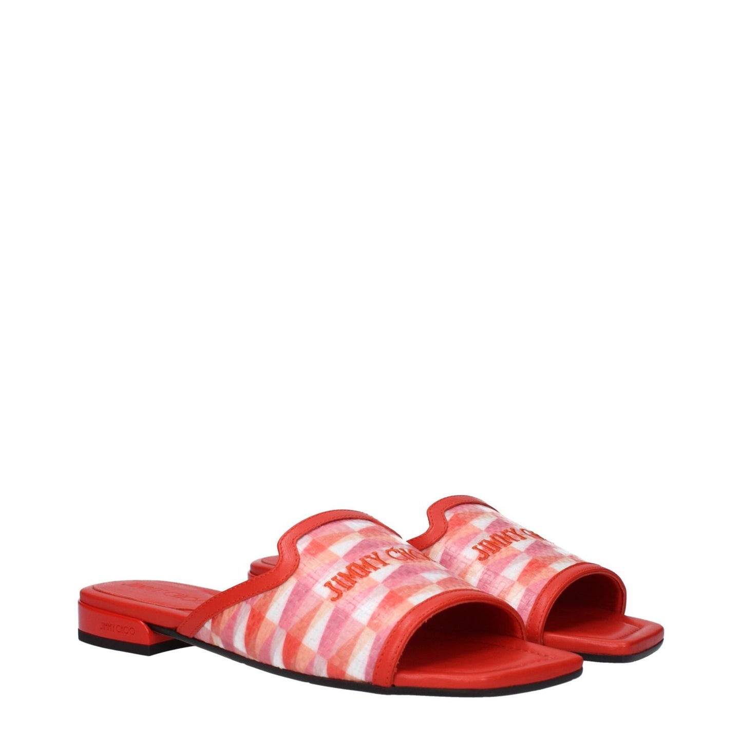 Jimmy Choo Orange Fabric Slippers with front logo, open toe, low flat heel, paprika accents, and leather sole, style: casual, code F82828.