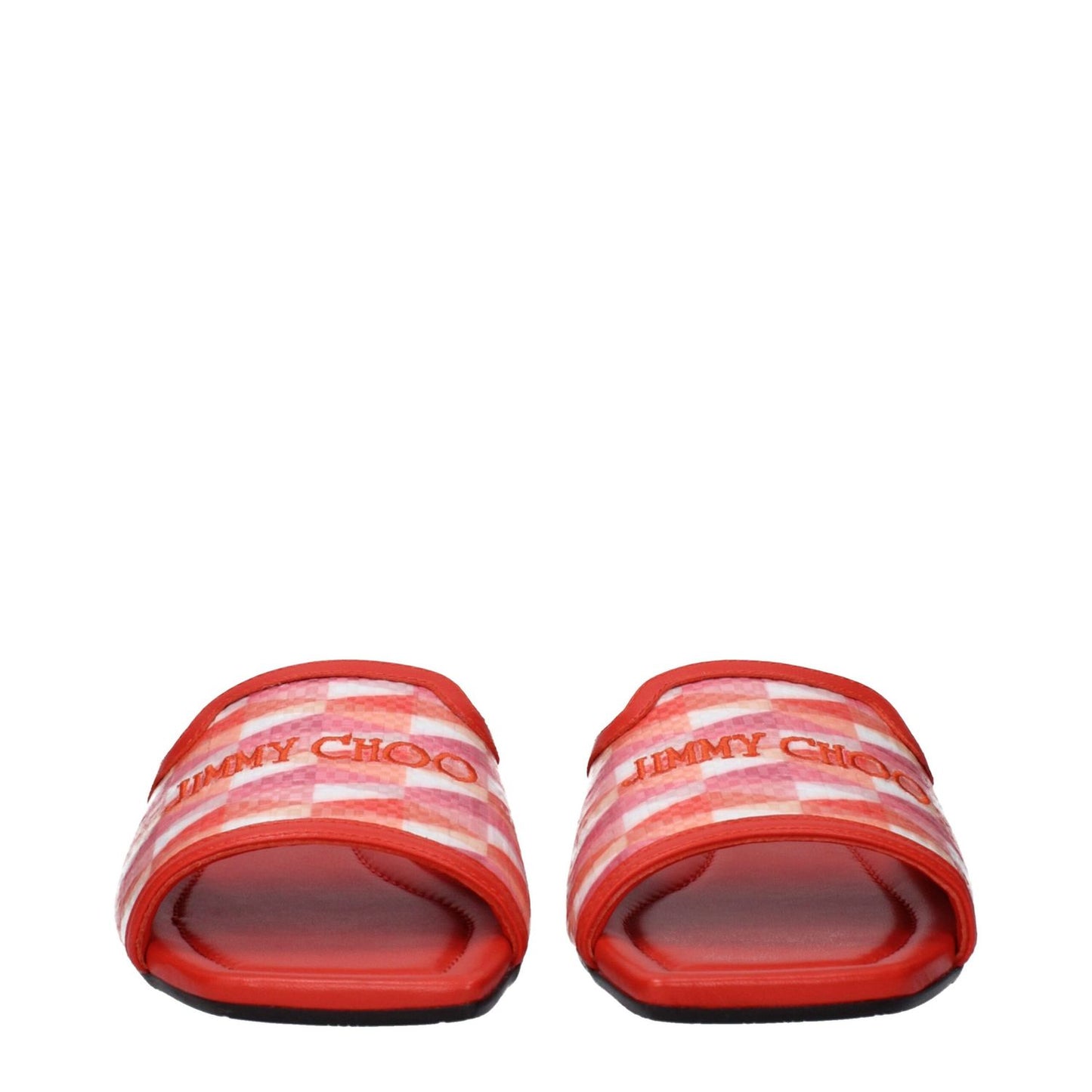 Front view of Jimmy Choo Orange Fabric Slippers with open toe design and logo, made of fabric with leather sole, casual style.