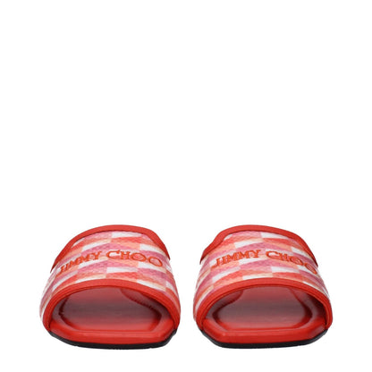 Front view of Jimmy Choo Orange Fabric Slippers with open toe design and logo, made of fabric with leather sole, casual style.