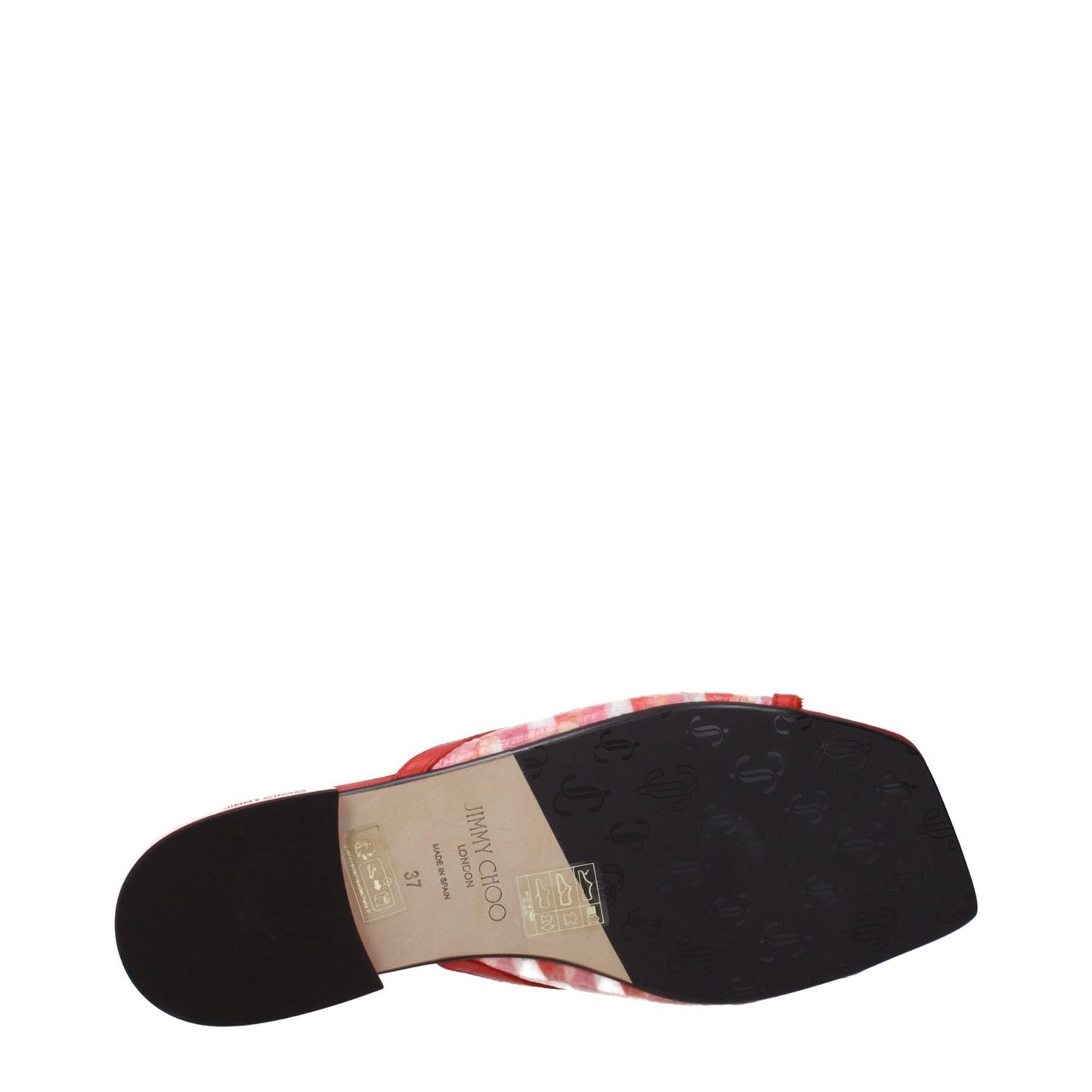 Jimmy Choo Orange Fabric Slippers with open toe, leather sole, flat heel, and front logo detail, shown in paprika and candy pink mix.