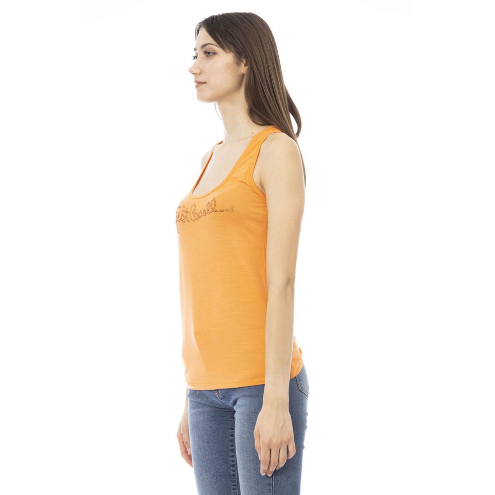 Side view of woman wearing Just Cavalli Orange Viscose Women's Top with logo and rhinestones.