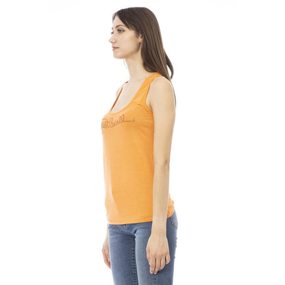Side view of woman wearing Just Cavalli Orange Viscose Women's Top with logo and rhinestones.