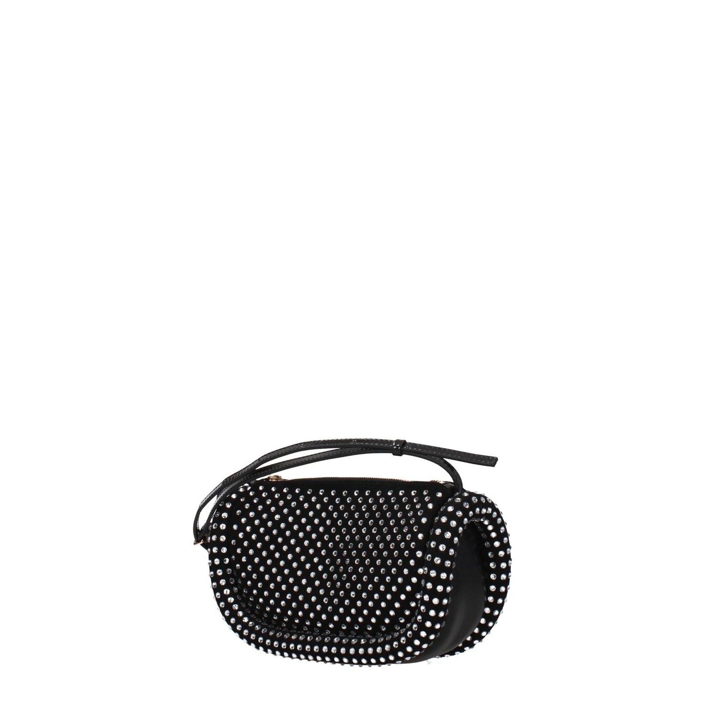 Jw Anderson Black Leather Crossbody Bag with side logo and rhinestones, suede finish, gold details, small casual style with zip closure.