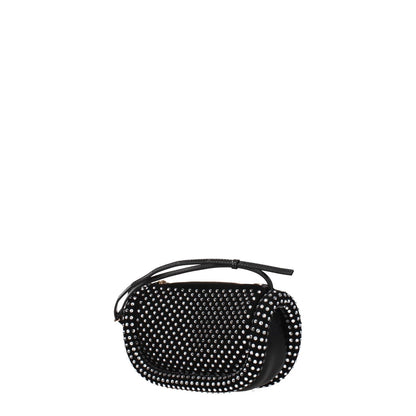 Jw Anderson Black Leather Crossbody Bag with side logo and rhinestones, suede finish, gold details, small casual style with zip closure.