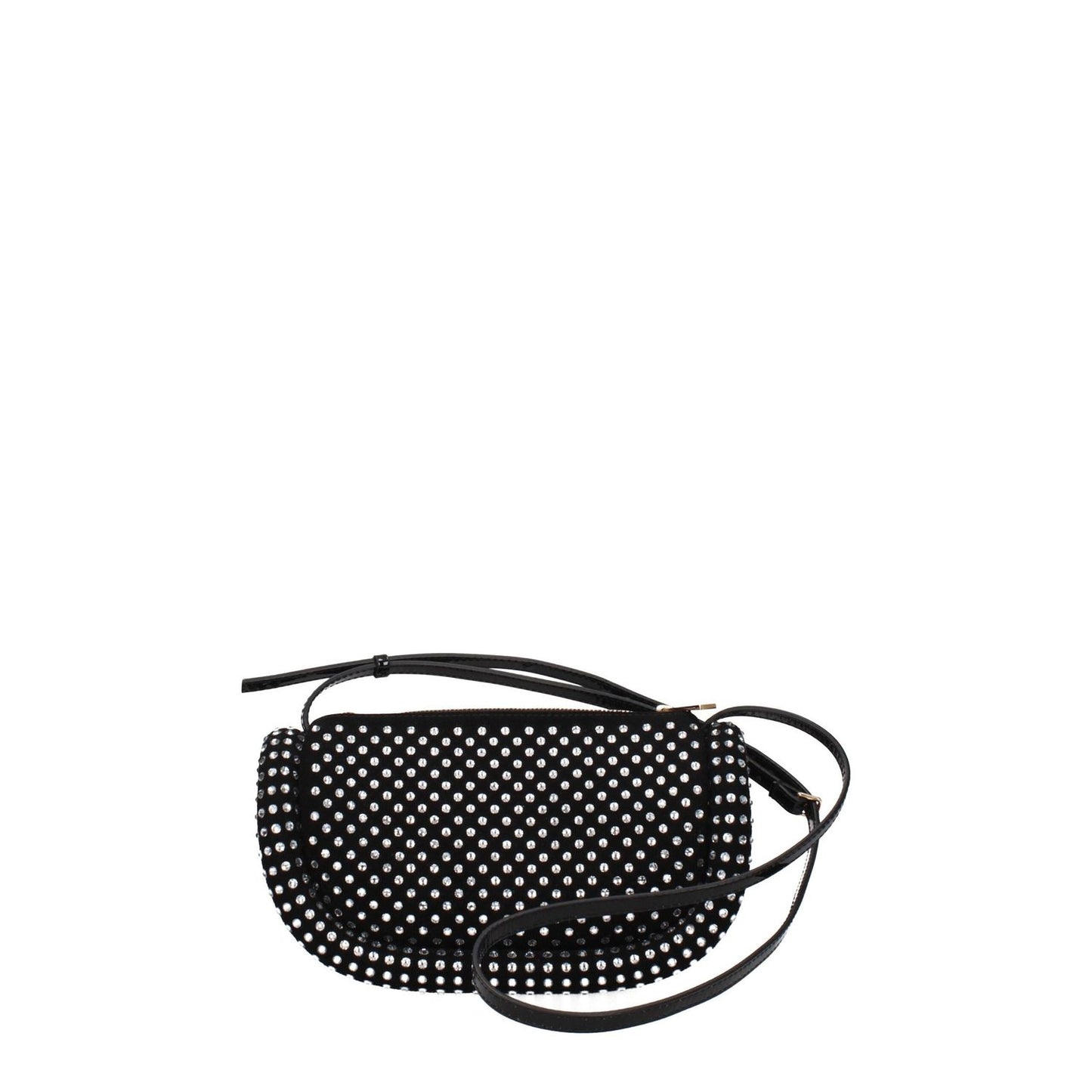 Jw Anderson Black Leather Crossbody Bags with rhinestones and side logo, small casual style with suede finish and gold details.