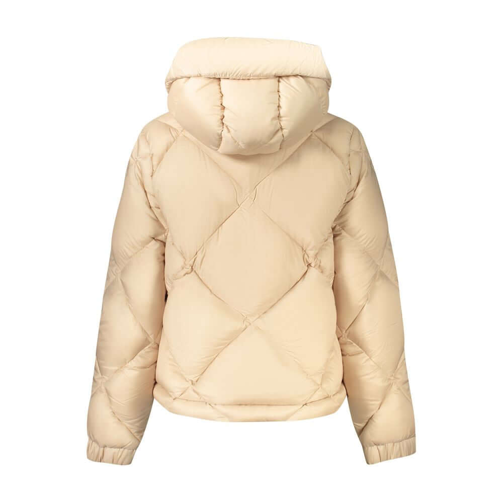 K-WAY Beige Polyester Jackets & Coat with hood, quilted design, view from back. Ideal long sleeve jacket with internal and external pockets.