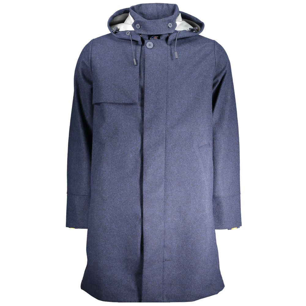 Alt Tag: K-WAY Blue Polyester Men's Jacket with removable hood and press button closure for urban style
