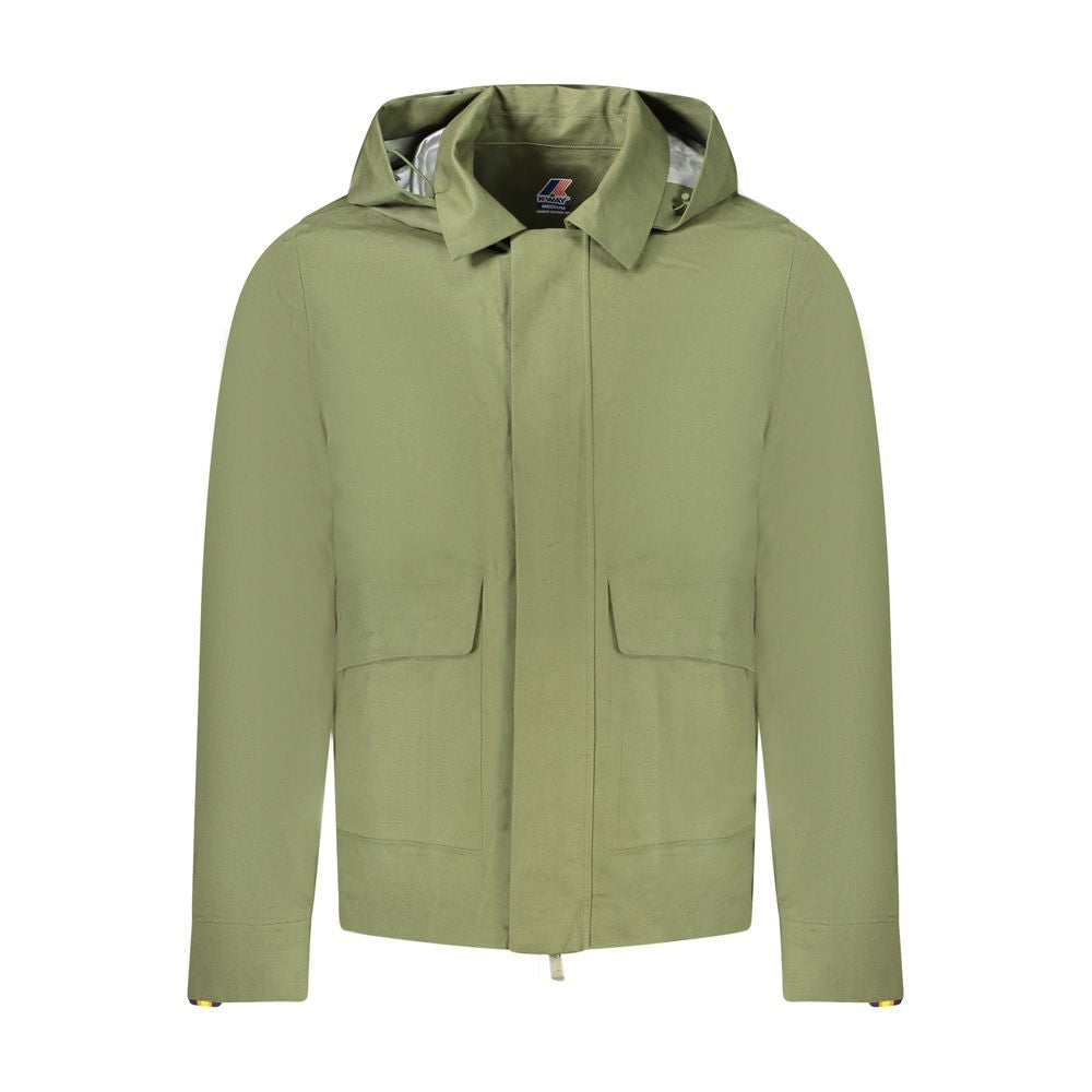 K-WAY Green Cotton Men Jacket with removable hood and four pockets, perfect for city strolls or mountain trails.