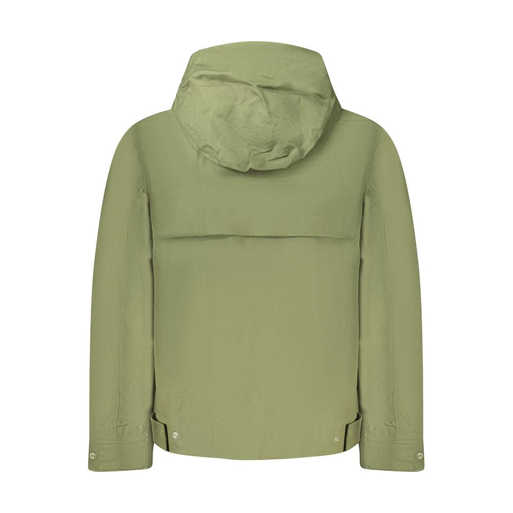 K-WAY Green Cotton Men Jacket with removable hood and pockets, showcasing the back view.