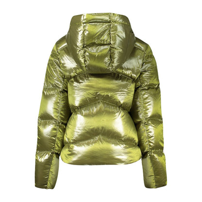 Back view of K-WAY Green Polyamide Women Jacket with hood and shiny finish, showcasing stylish and durable outerwear.
