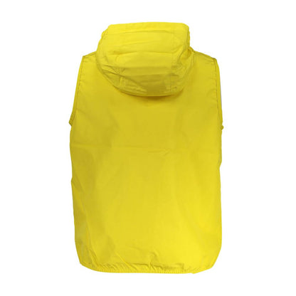 K-WAY Yellow Polyester Men Jacket with removable hood, back view showing sleeveless design and vibrant color for standout style.