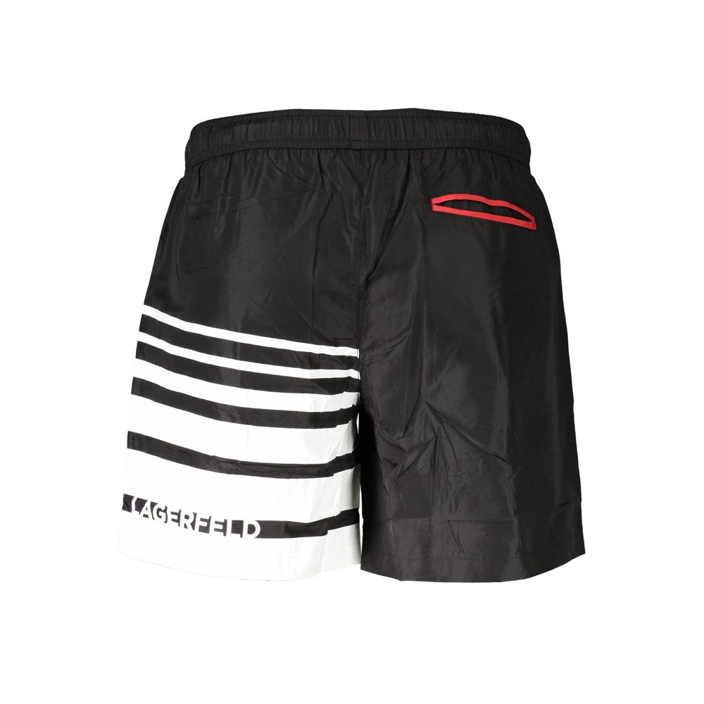 Karl Lagerfeld Black Polyester Swimwear with elastic waist, front and back pockets, contrasting red details, and logo waistband.