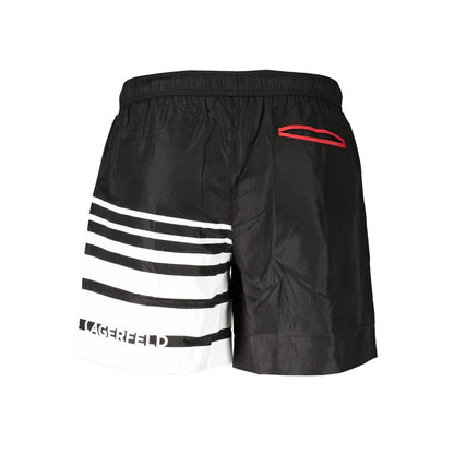 Karl Lagerfeld Black Polyester Swimwear with elastic waist, front and back pockets, contrasting red details, and logo waistband.