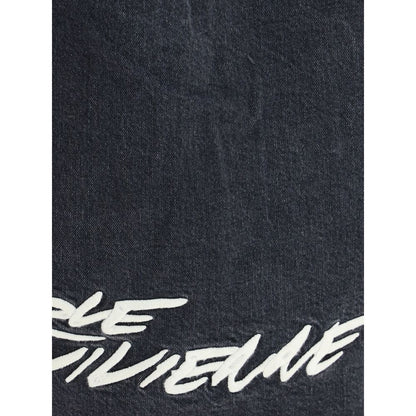 Close-up of Kenzo Black Denim Shirt with Futura 2000 graffiti pattern, showcasing detailed craftsmanship and unique design.