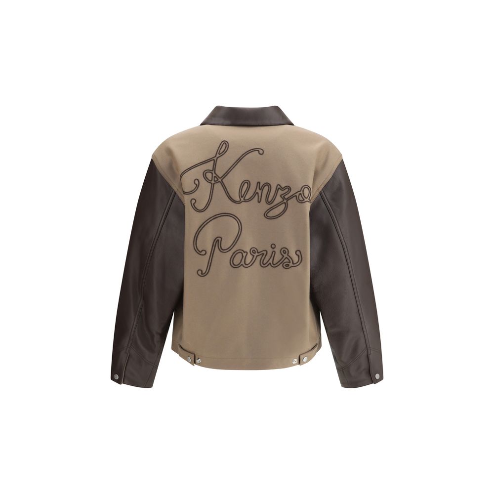Kenzo Brown Leather Jacket featuring wool and leather design with embroidered logo and leather collar, AW25 collection, regular fit.