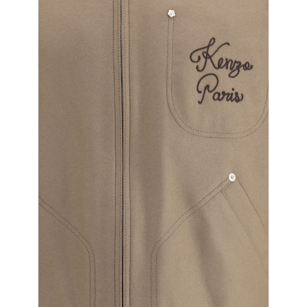 Close-up of Kenzo Brown Leather Jacket showing front zipper and Kenzo Paris embroidered logo.