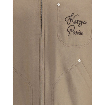Close-up of Kenzo Brown Leather Jacket showing front zipper and Kenzo Paris embroidered logo.