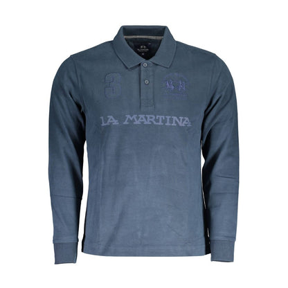 La Martina Blue Cotton Men Polo Shirt with dynamic print and embroidery, long sleeve design for sporty sophistication.