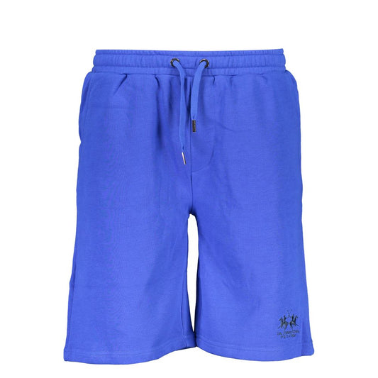 La Martina Blue Cotton Pant, sporty bermuda, 3 pockets, elastic waistband with laces, embroidery, logo detail.