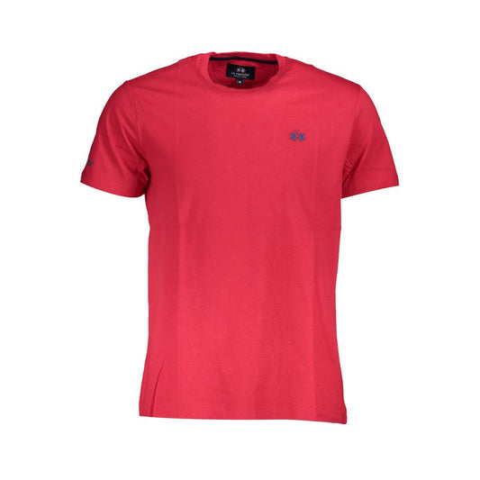 La Martina Red Cotton Men T-Shirt with crew neck and embroidered logo on front, showcasing sporty elegance and style.