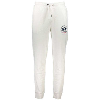 La Martina White Cotton Pant sports trousers with elastic waist and ankle, featuring embroidery and logo.
