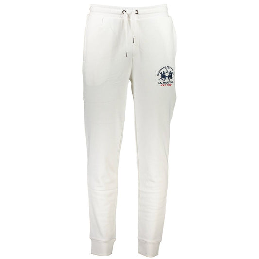 La Martina White Cotton Pant sports trousers with elastic waist and ankle, featuring embroidery and logo.