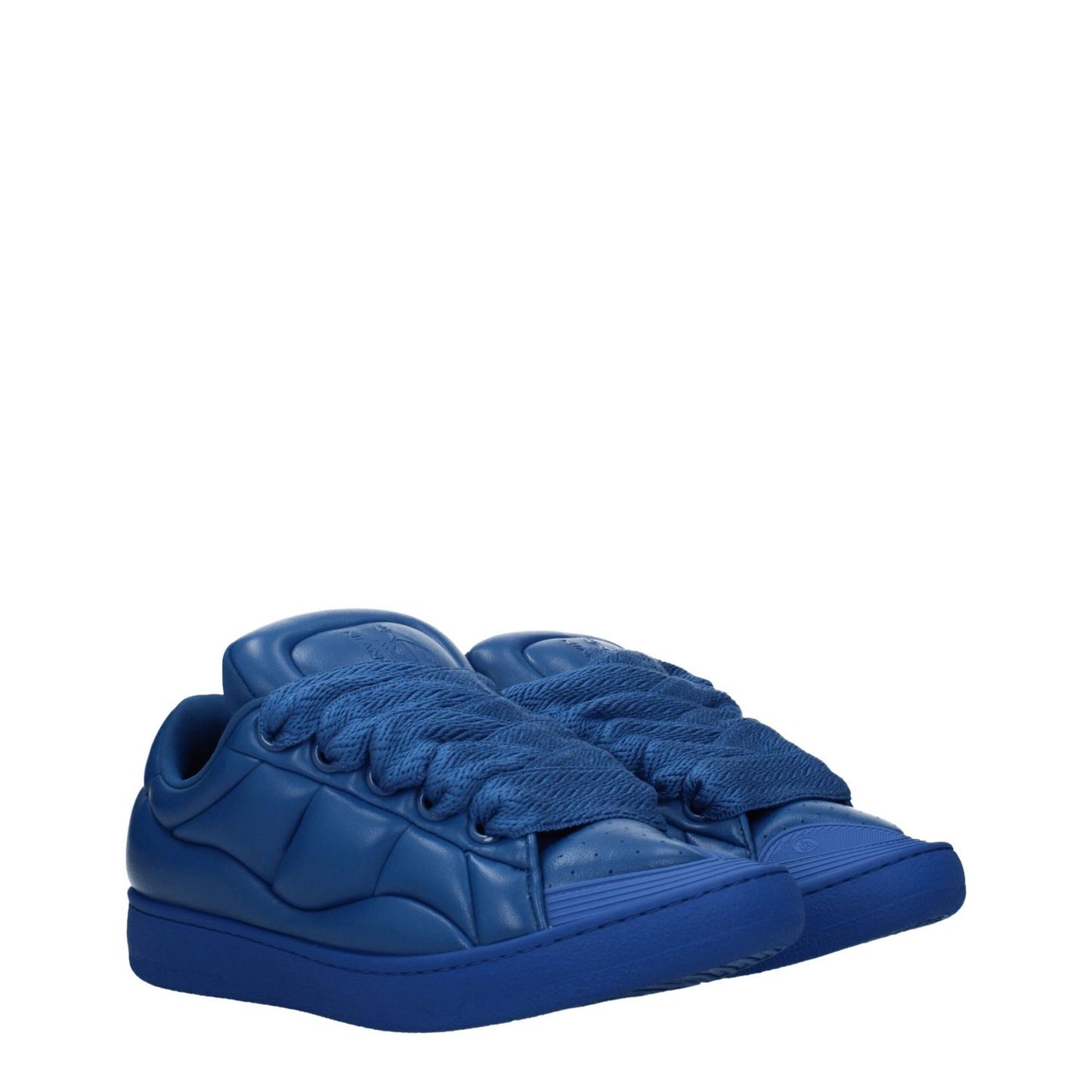 Lanvin Blue Leather Low Top Sneakers with front and back logo, rubber sole, street style, lace-up closure, round toe and flat heel design.
