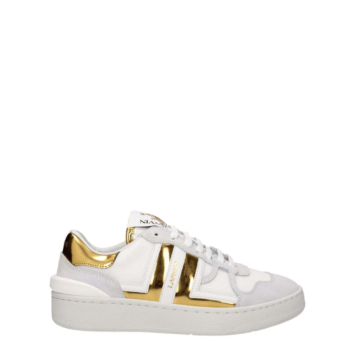 Lanvin White Fabric Low Top Sneakers with gold accents, featuring lace-up closure and rubber sole, front and back logos, round toe design.