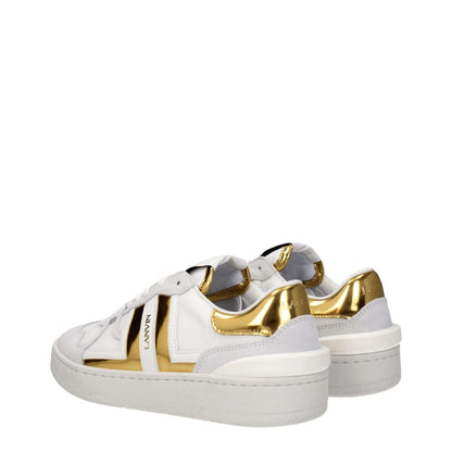 Lanvin White Fabric Low Top Sneakers with gold accents, featuring front and back logos, lace-up closure, leather material, and rubber sole.