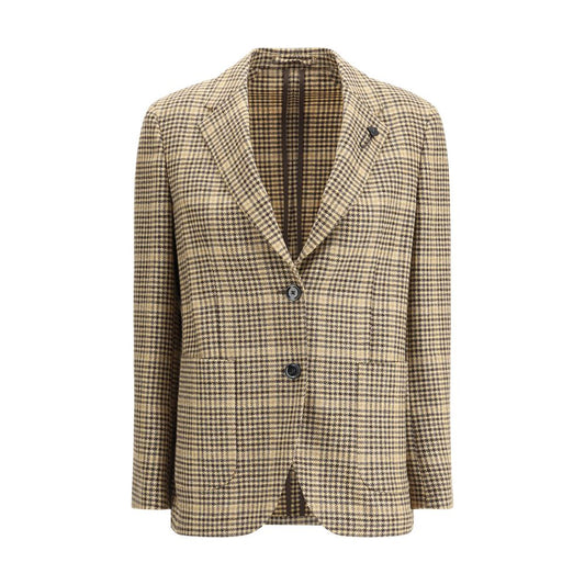 Lardini Beige Wool Blazer featuring houndstooth pattern, single-breasted with classic lapel and iconic pin brooch, perfect for AW25.