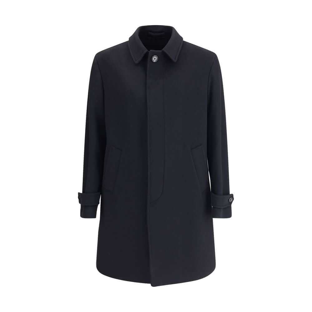 Lardini Black Fleece Wool Trench Coat with button closure, side pockets, and adjustable cuffs, made of 100% pure virgin wool.