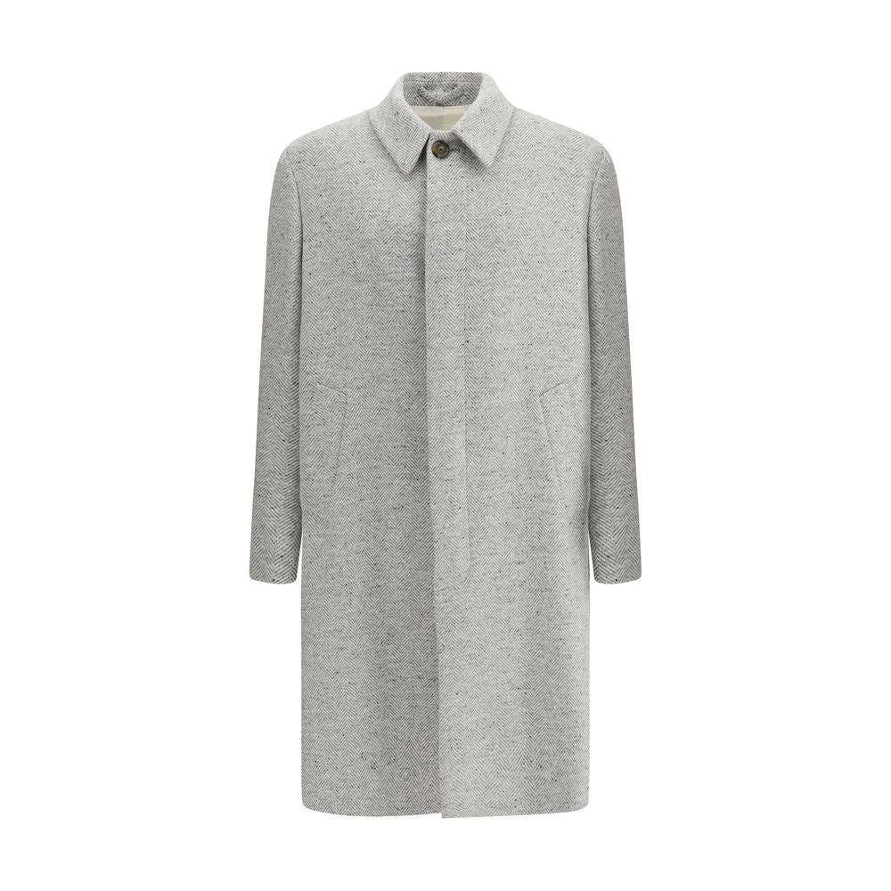 Lardini Gray Fleece Wool Coat with herringbone pattern, classic collar, front button closure - AW25 elegant men's fashion.