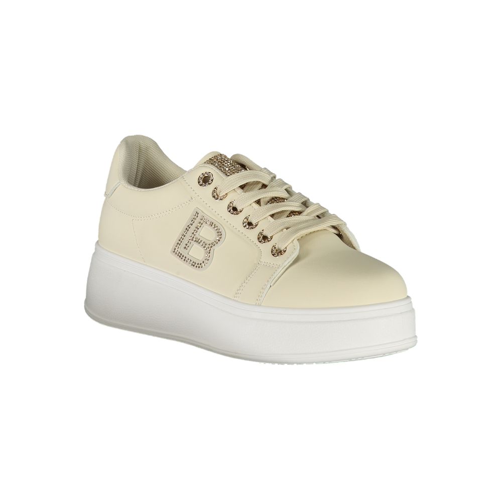 Laura Biagiotti Beige Polyester Women Sneaker with rhinestone detail and 4 cm wedge, featuring comfort and luxury.
