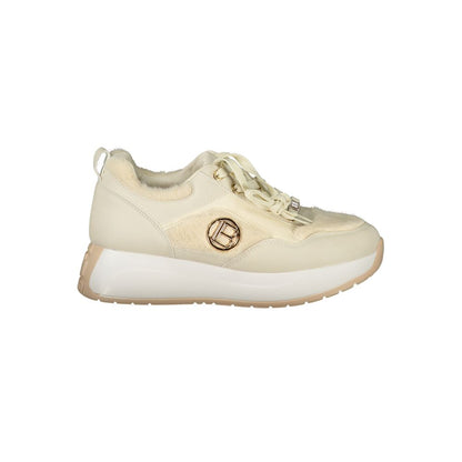 Laura Biagiotti Beige Polyethylene Sneaker with suede, removable footbed, laces, contrasting details, embroidery, and logo.